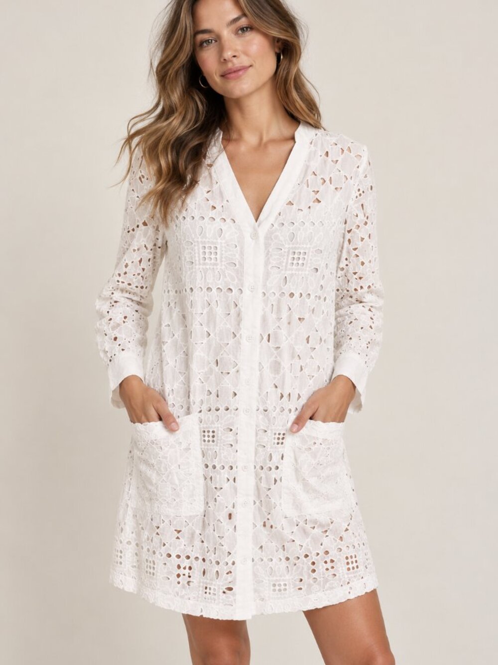 Maeve by Anthropologie White Eyelet V-Neck Button Front Mini Dress Size M